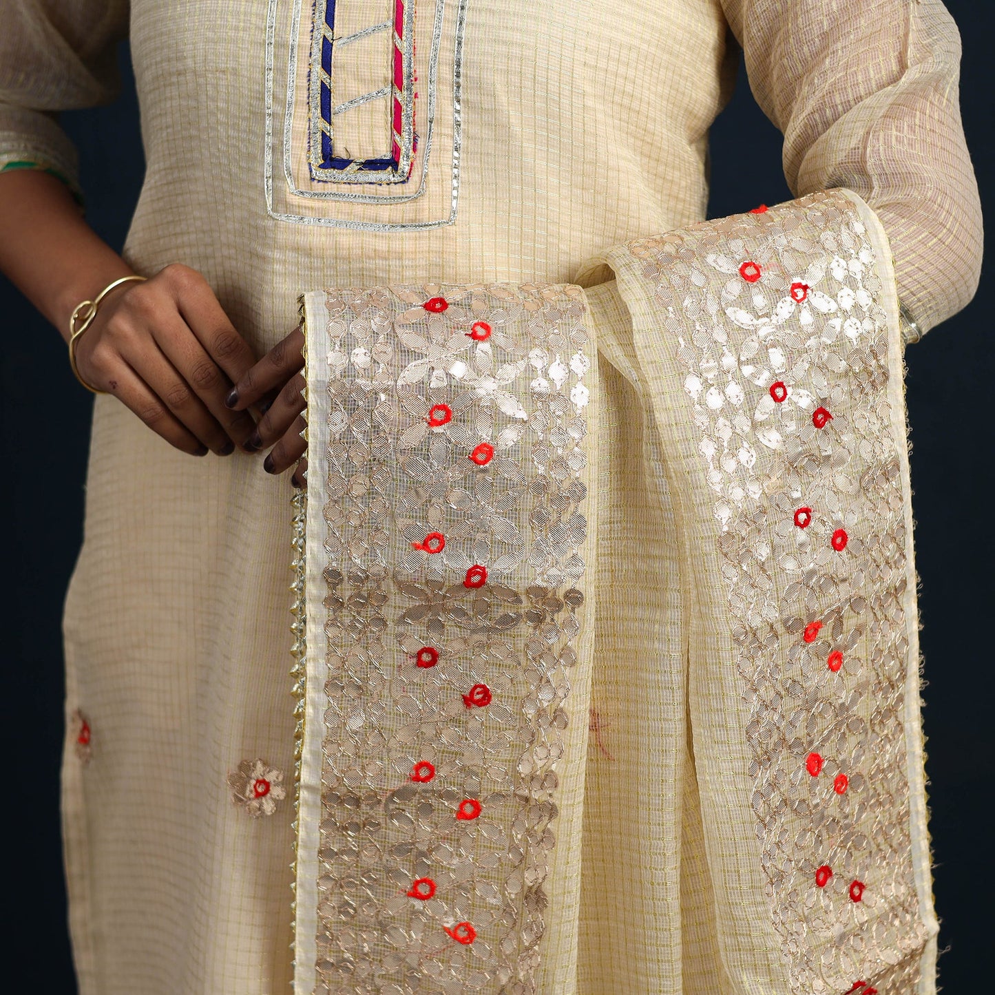 Beige Elegant Gota Work Silk Kota Doria Kurta Set Online