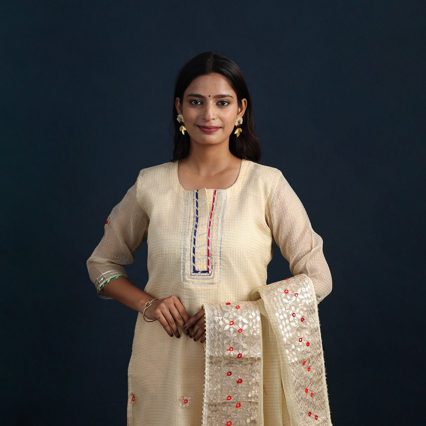 Beige Elegant Gota Work Silk Kota Doria Kurta Set Online