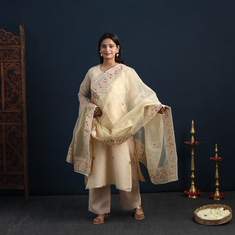 Beige Elegant Gota Work Silk Kota Doria Kurta Set Online