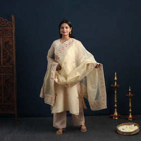 Beige Elegant Gota Work Silk Kota Doria Kurta Set Online