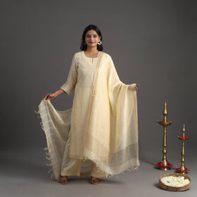 Buy Beige Elegant Linen Silk Handloom Plain Kurta Set