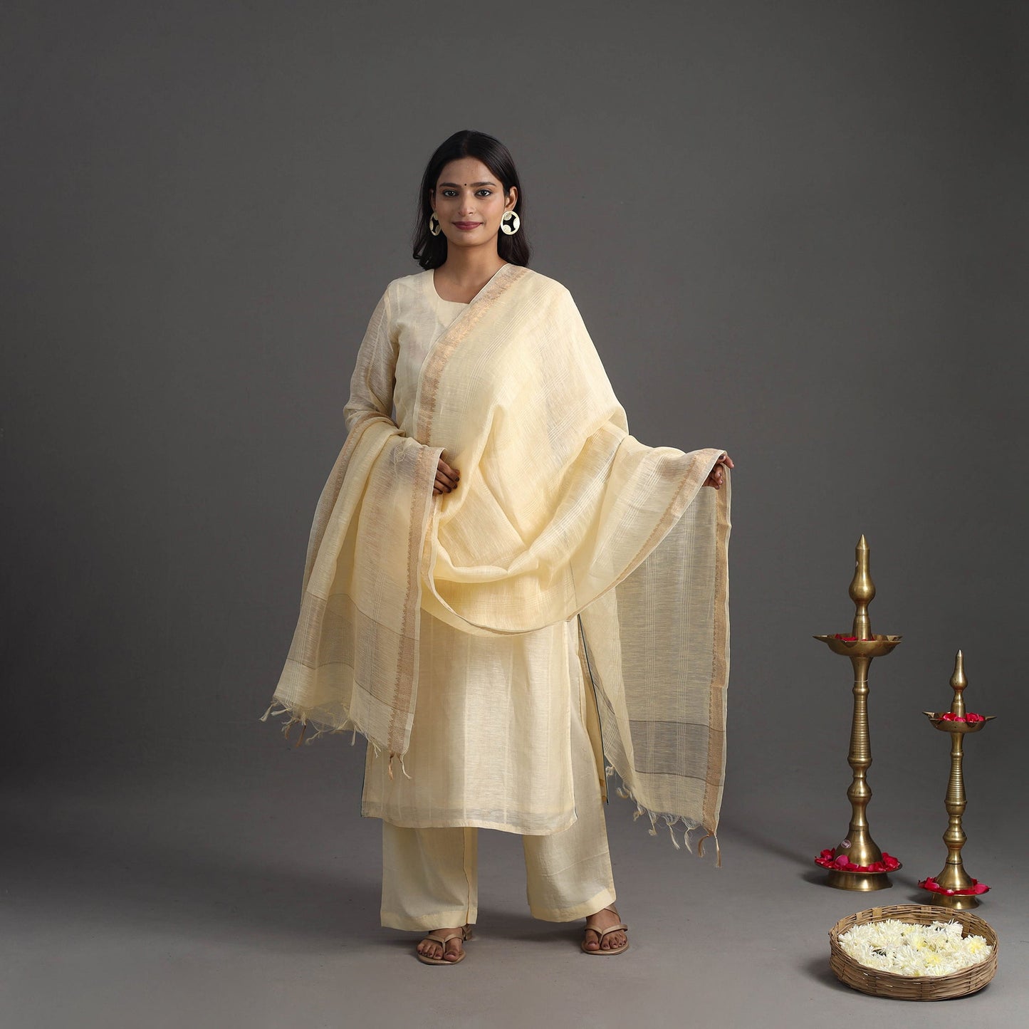 Buy Beige Elegant Linen Silk Handloom Plain Kurta Set