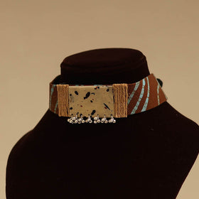 Beige - fabart jute choker necklace set with ghungroo work