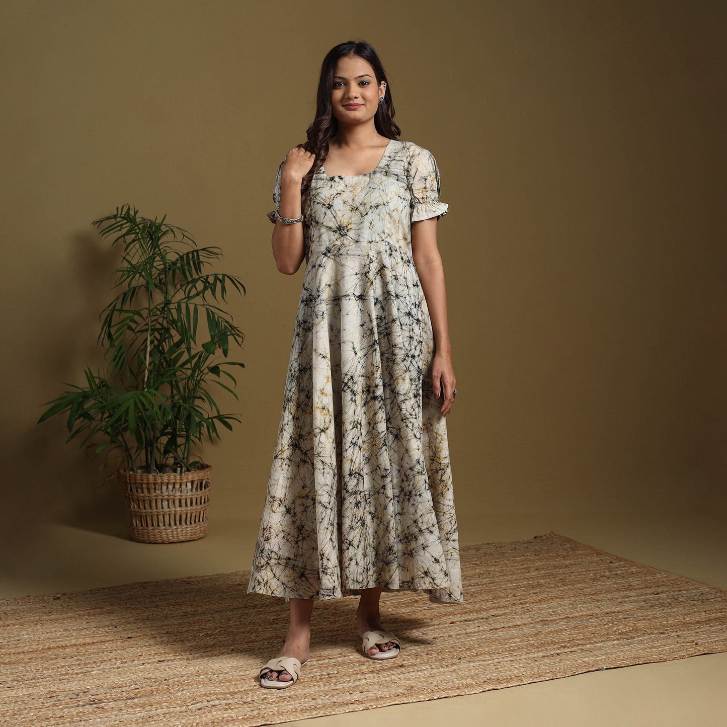Beige - flared cotton batik dress 09 - handcrafted