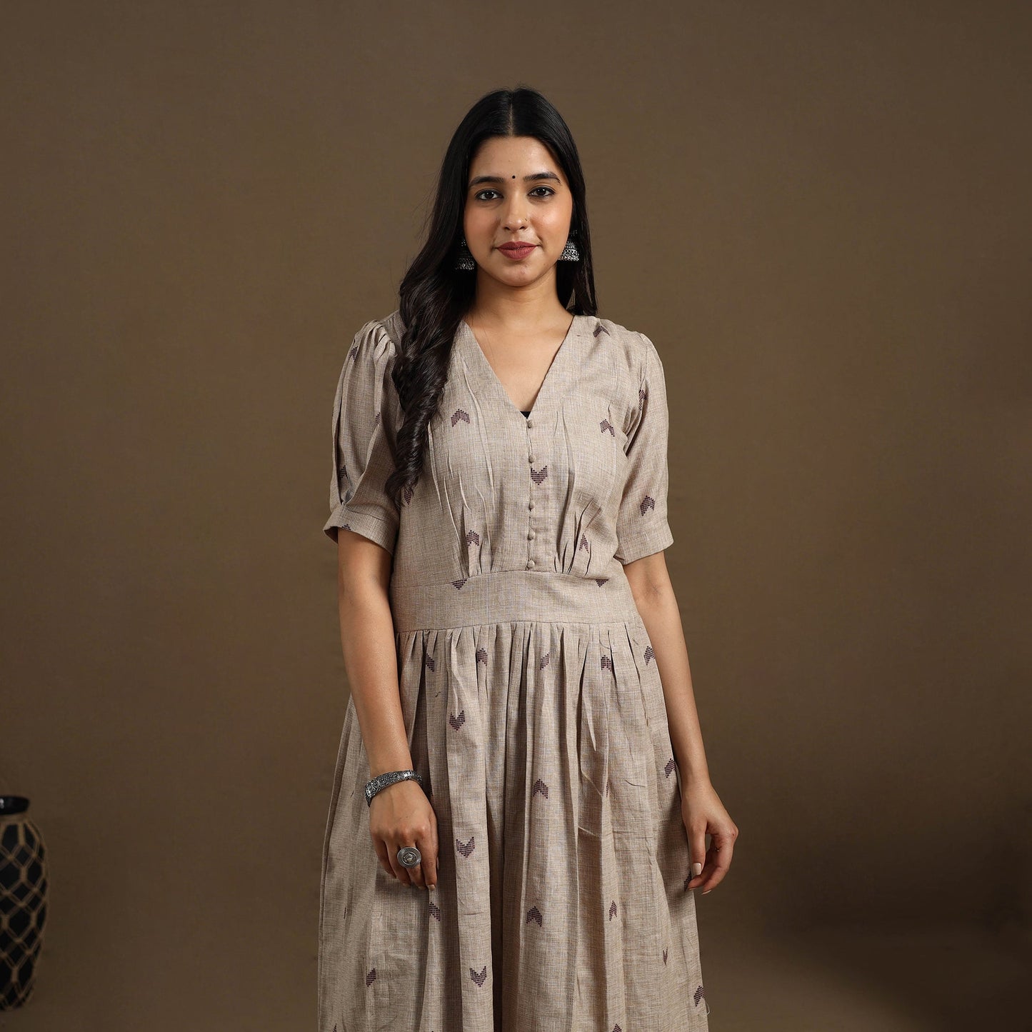 Buy Beige Flared Cotton Jacquard Kurta for Women