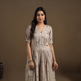 Buy Beige Flared Cotton Jacquard Kurta for Women