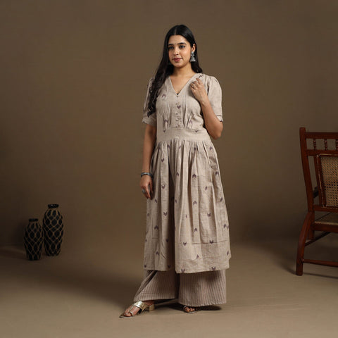 Buy Beige Flared Cotton Jacquard Kurta for Women
