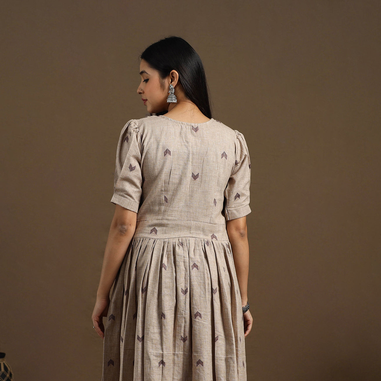 Buy Beige Flared Cotton Jacquard Kurta for Women