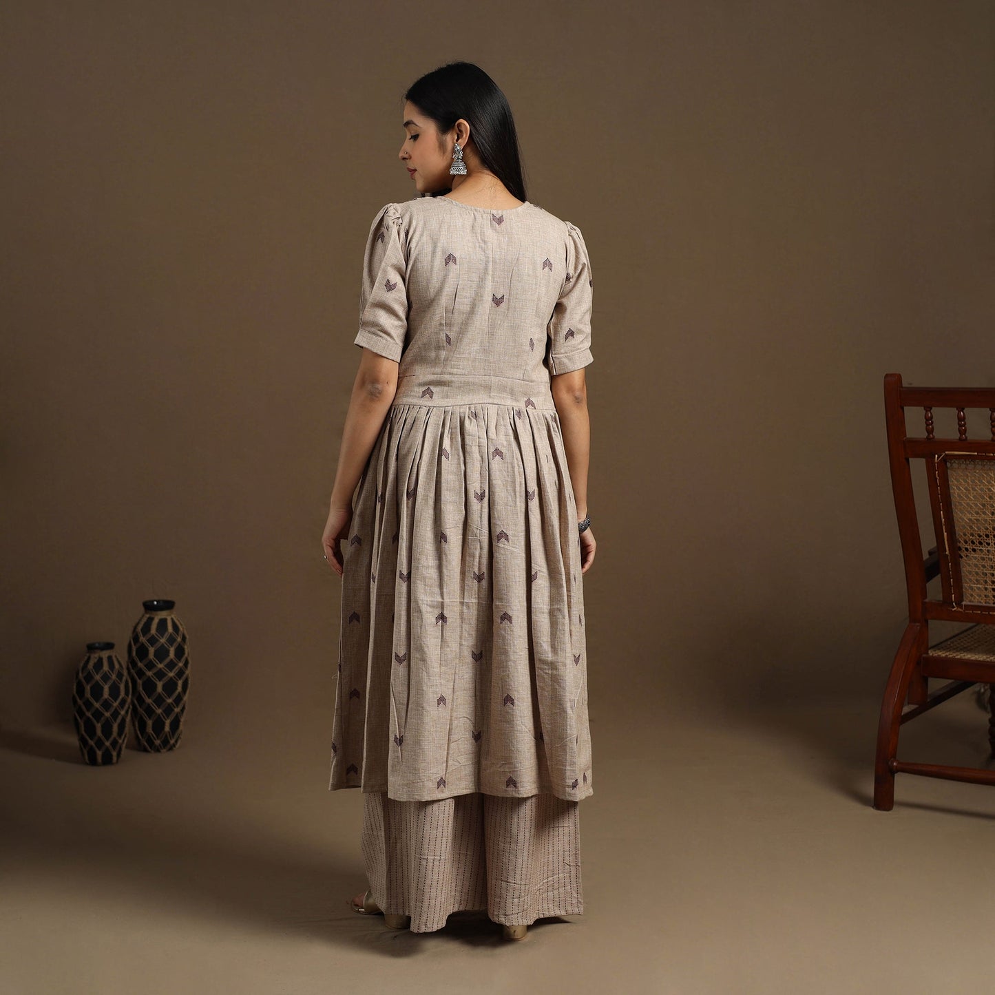 Flared Cotton Beige Jacquard Kurta with Palazzo Set