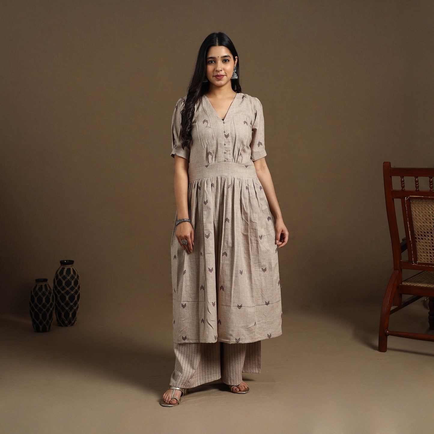 Flared Cotton Beige Jacquard Kurta with Palazzo Set