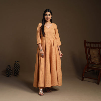  Light Brown Flared Cotton Jacquard Kurta with Palazzo Set