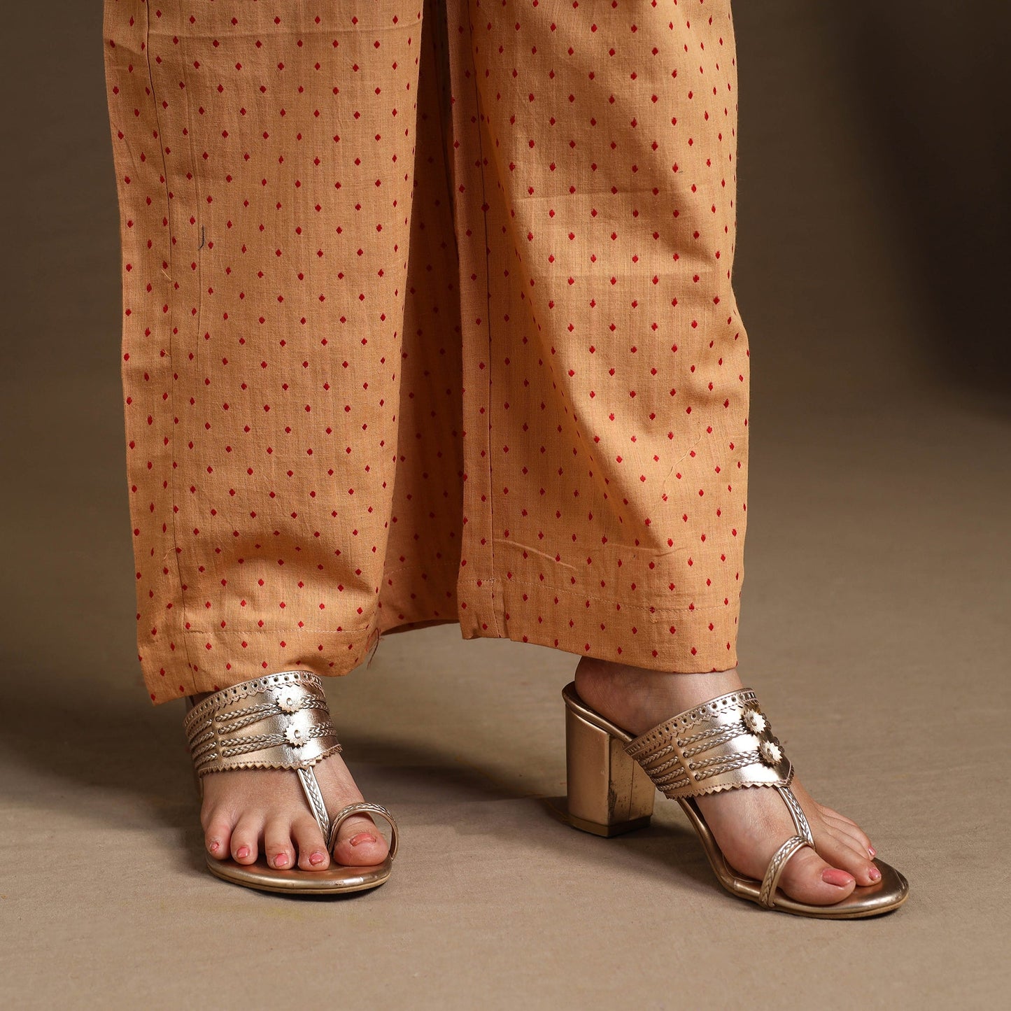  Light Brown Flared Cotton Jacquard Kurta with Palazzo Set