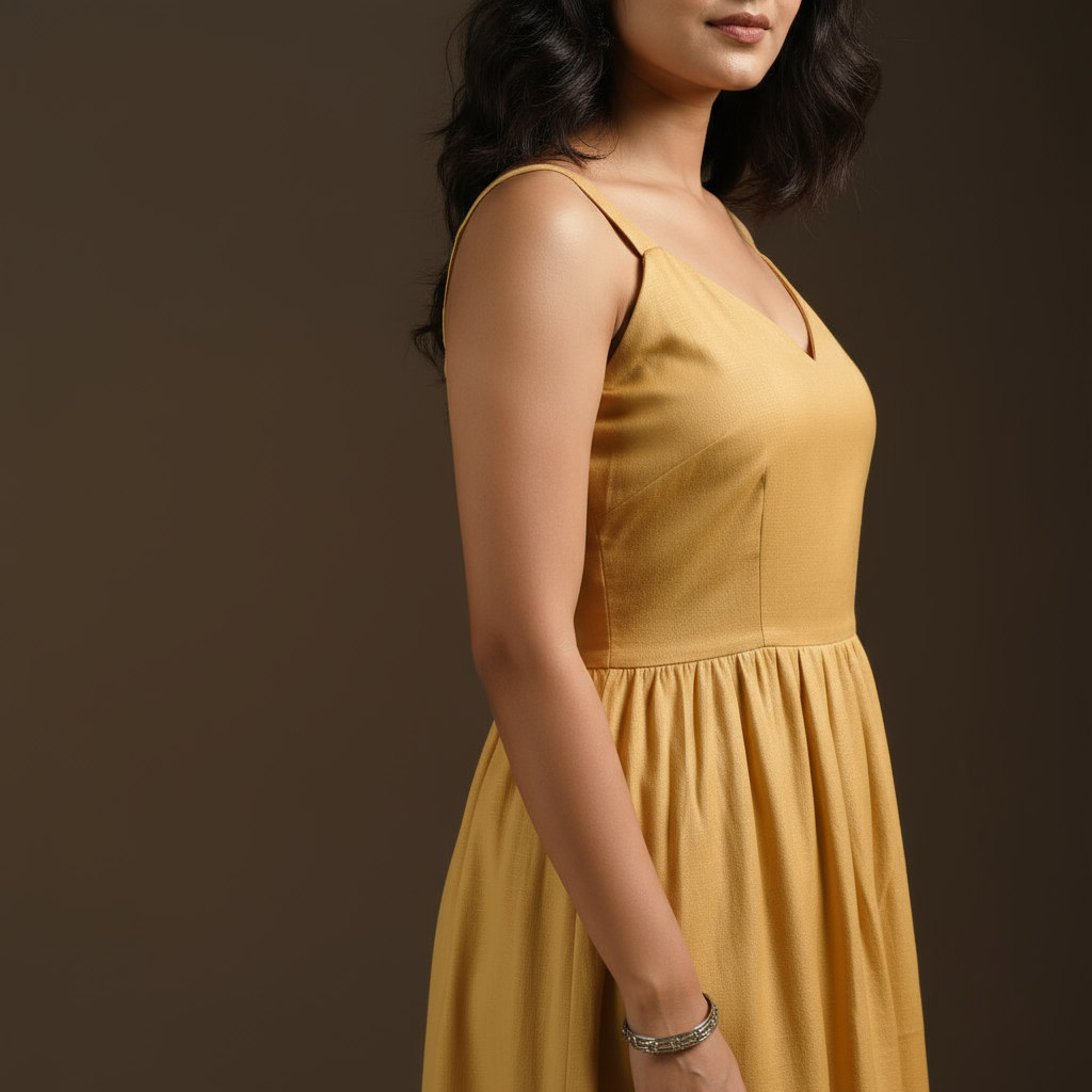 Beige - flex cotton tiered plain dress 01 - handcrafted