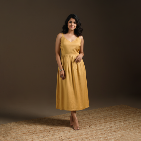 Beige - flex cotton tiered plain dress 01 - handcrafted