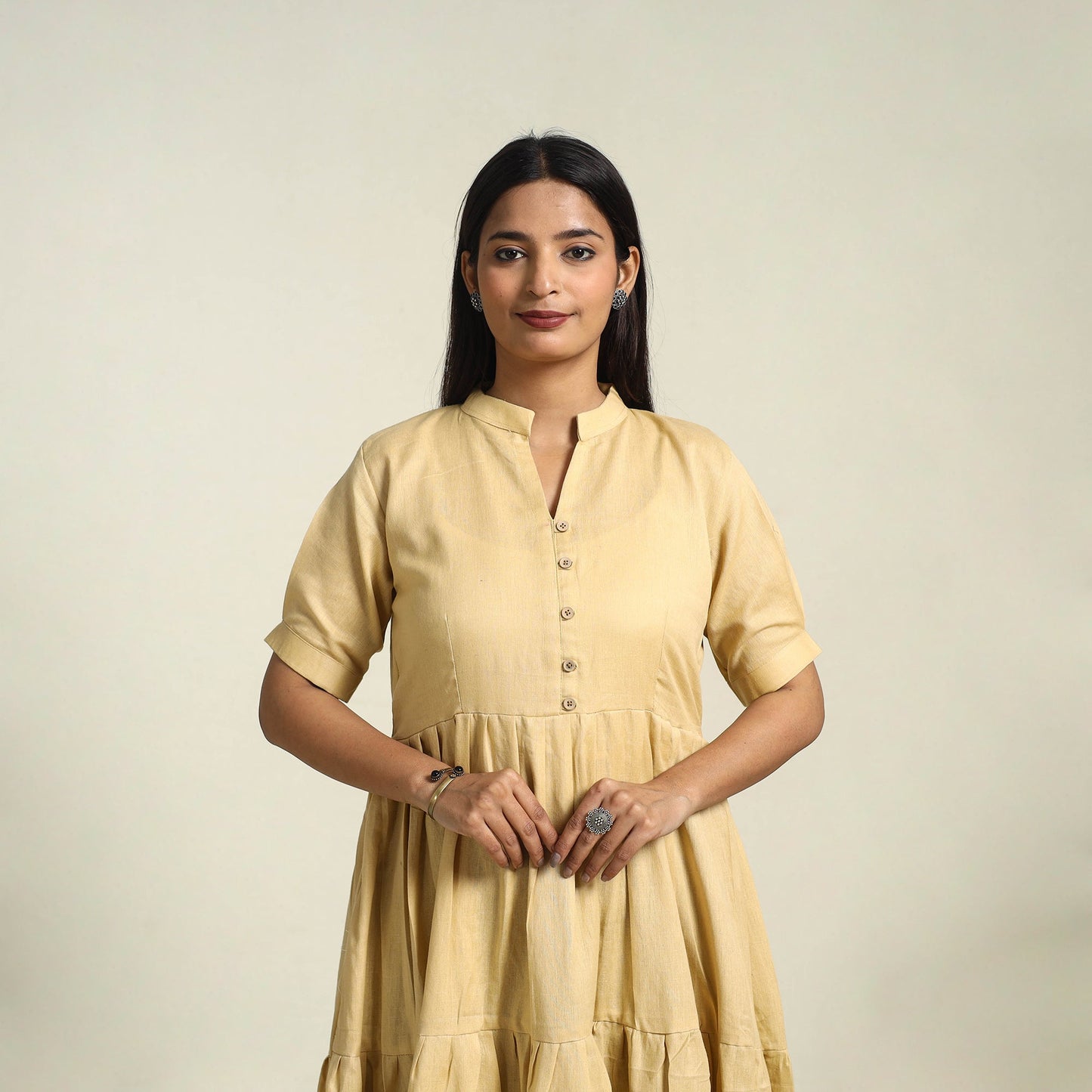 Beige - flex cotton tiered plain dress 10 - handcrafted