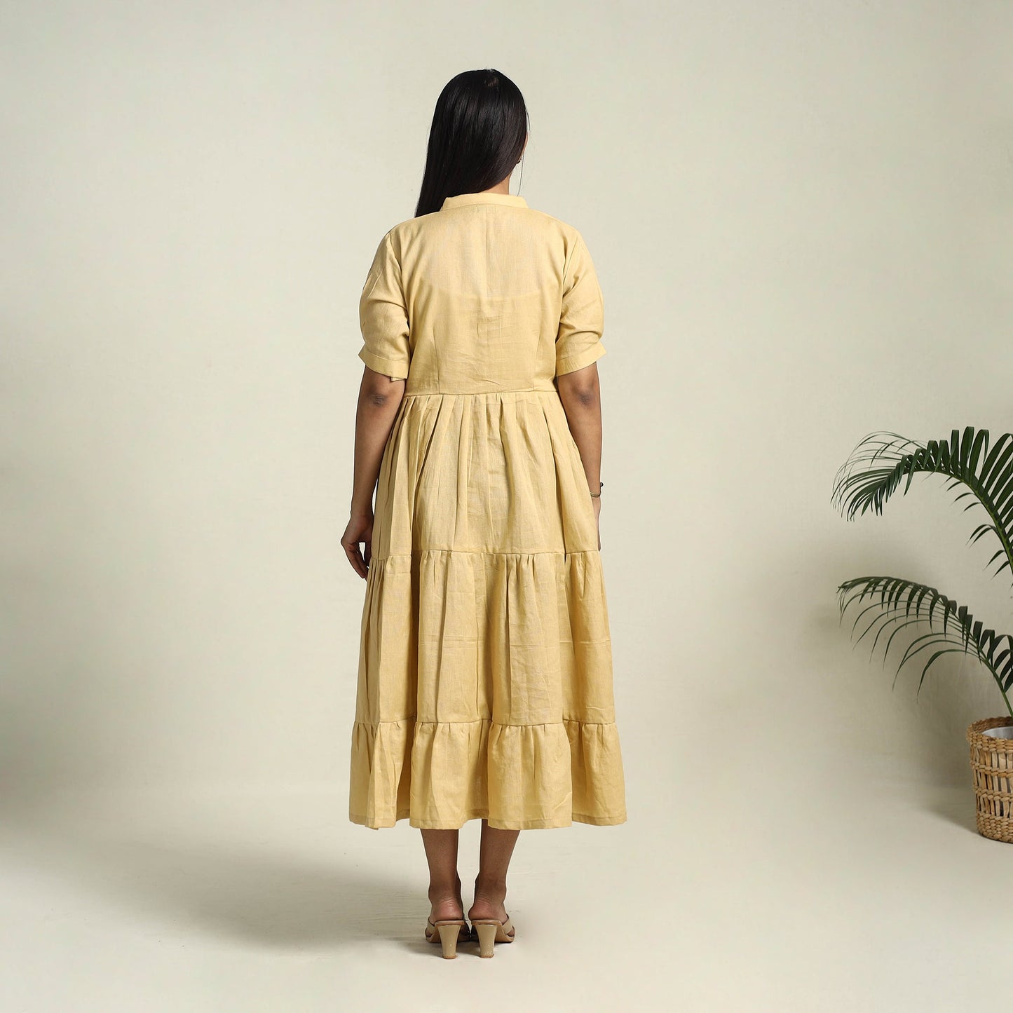 Beige - flex cotton tiered plain dress 10 - handcrafted