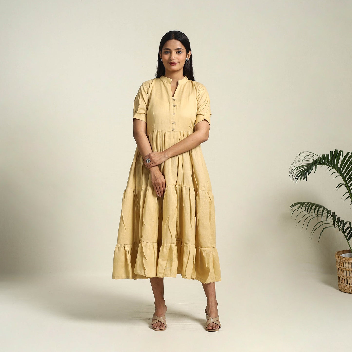 Beige - flex cotton tiered plain dress 10 - handcrafted