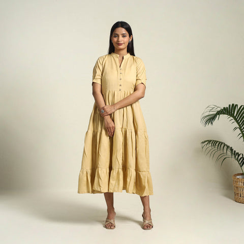 Beige - flex cotton tiered plain dress 10 - handcrafted