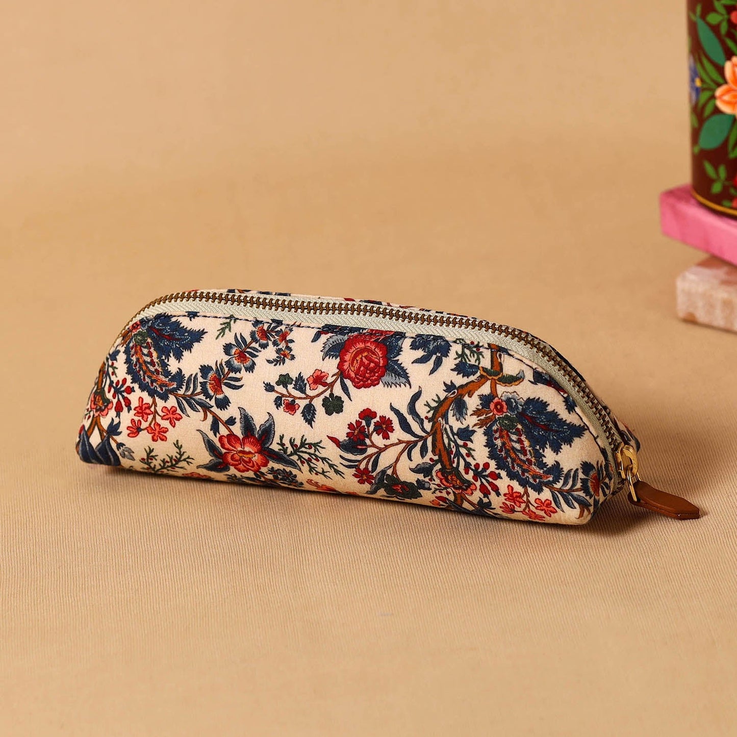 Beige Floral Print Handmade Pencil Pouch