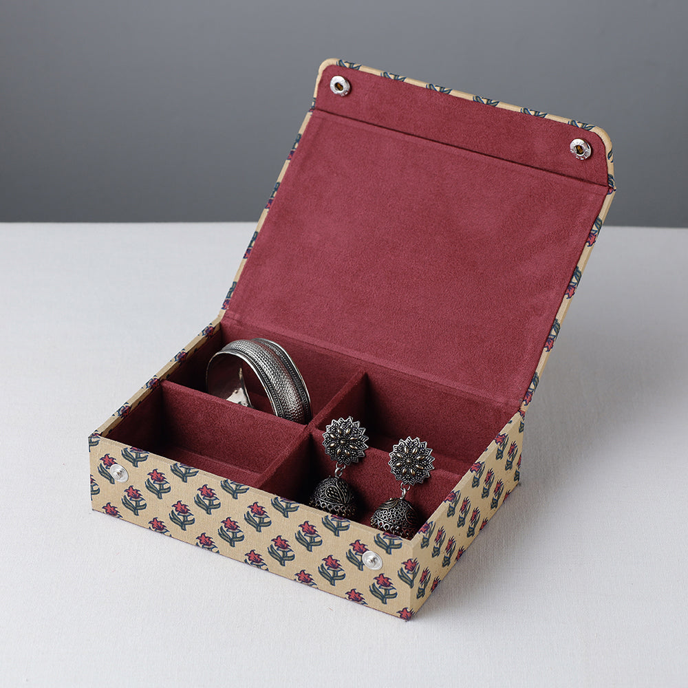 Beige  Floral Printed Handcrafted Jewelry Box 