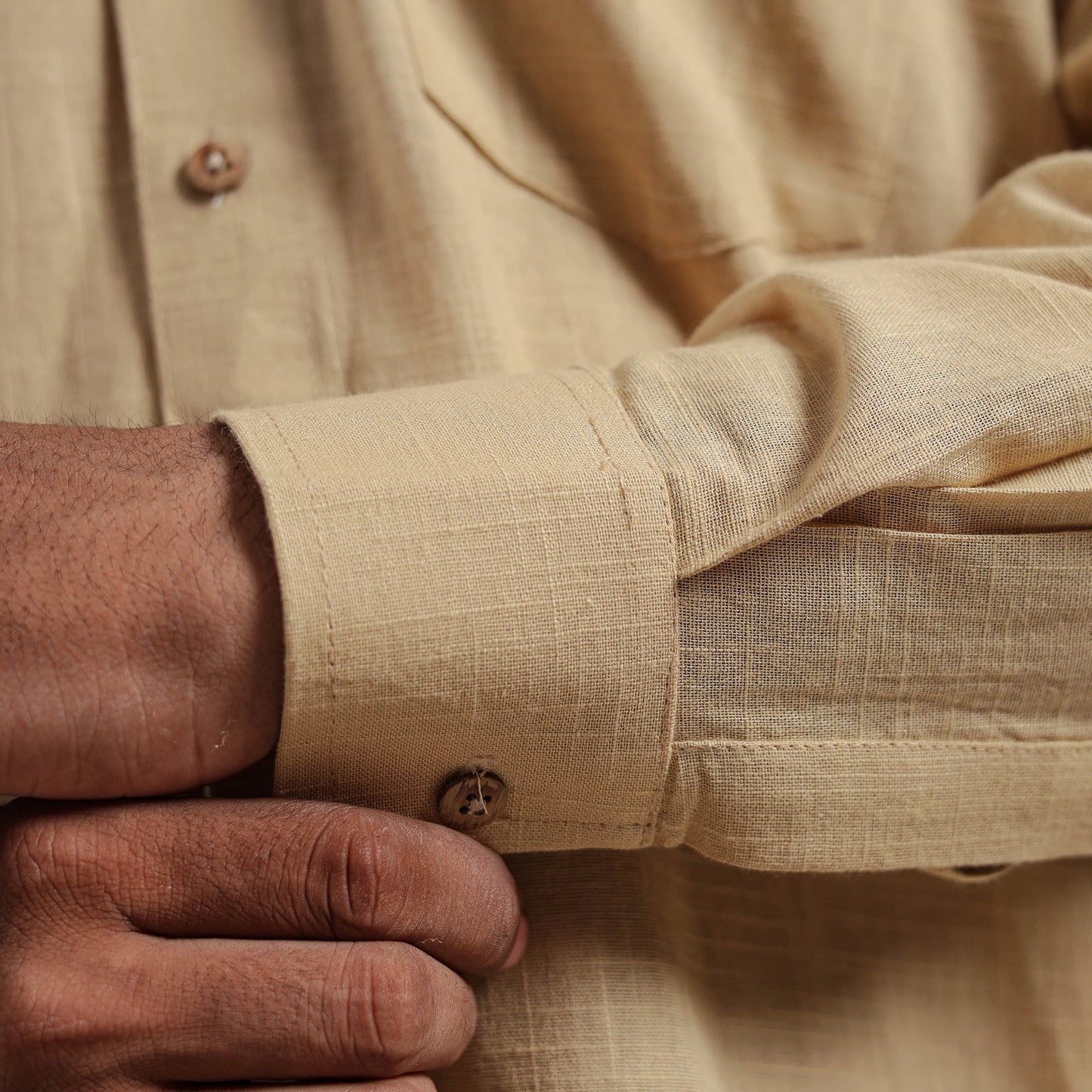 Beige Full Sleeve Slub Cotton Men Plain Shirt