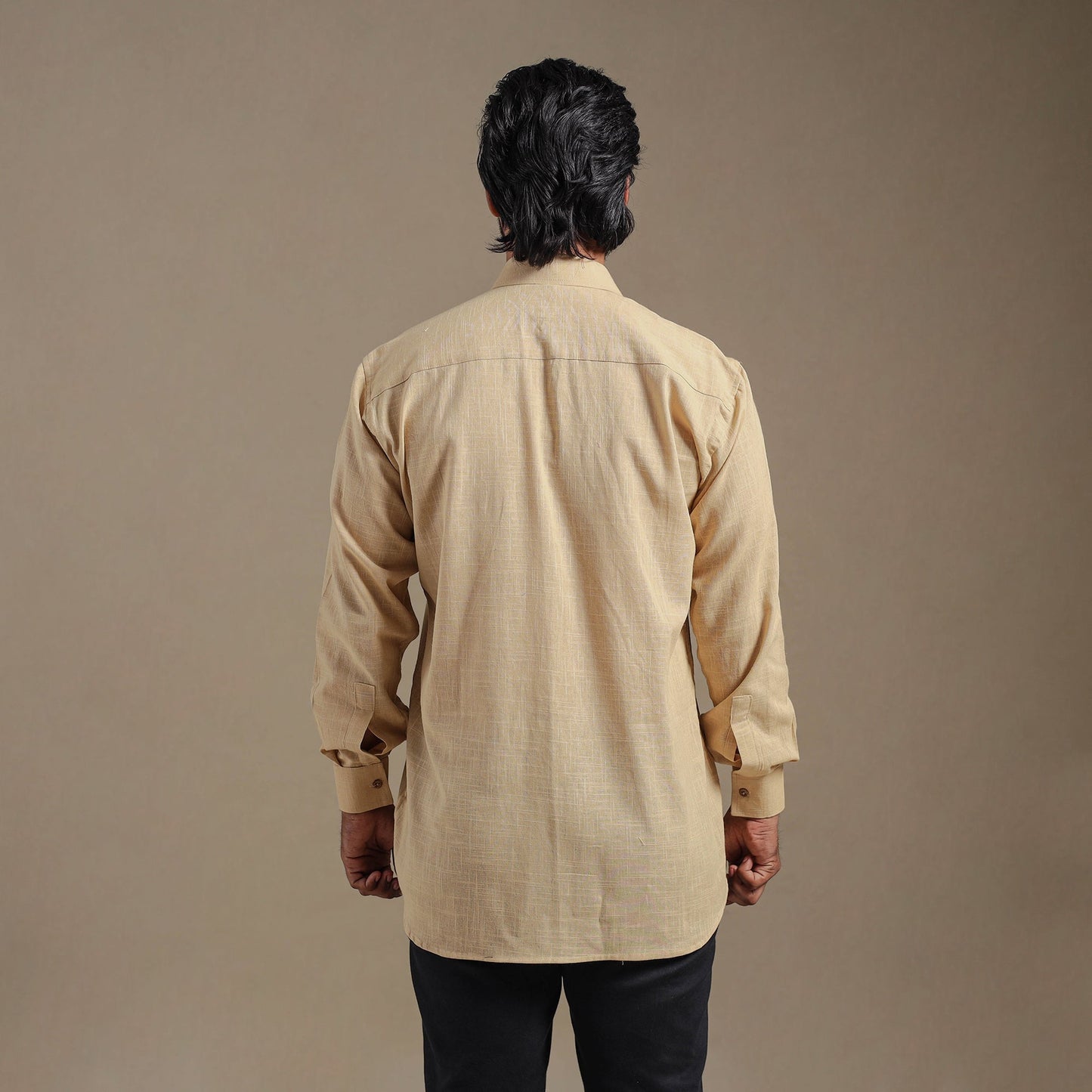 Beige Full Sleeve Slub Cotton Men Plain Shirt