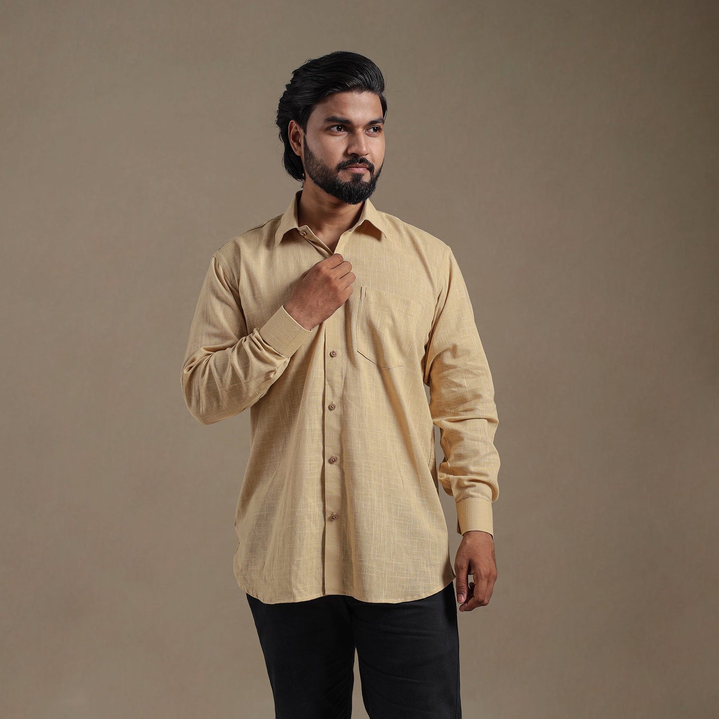Beige Full Sleeve Slub Cotton Men Plain Shirt