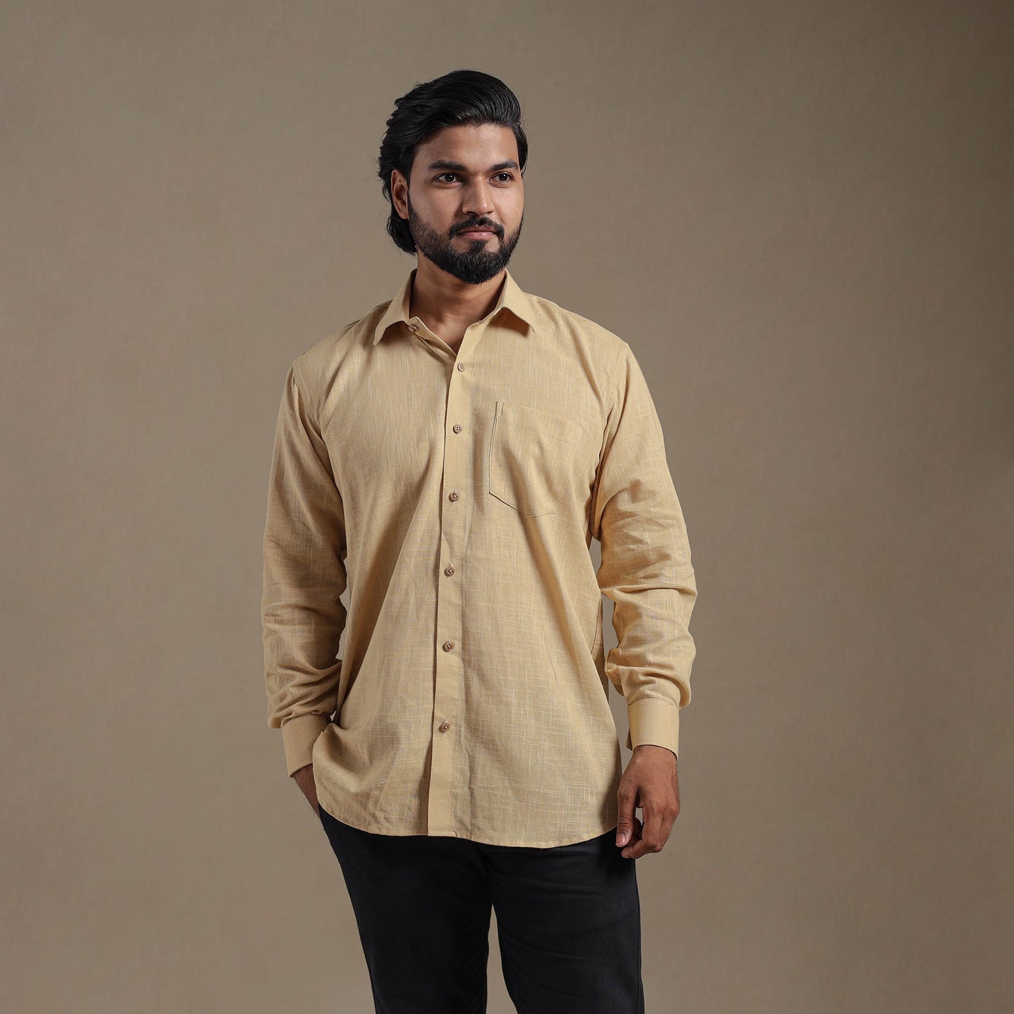 Beige Full Sleeve Slub Cotton Men Plain Shirt