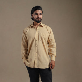 Beige Full Sleeve Slub Cotton Men Plain Shirt
