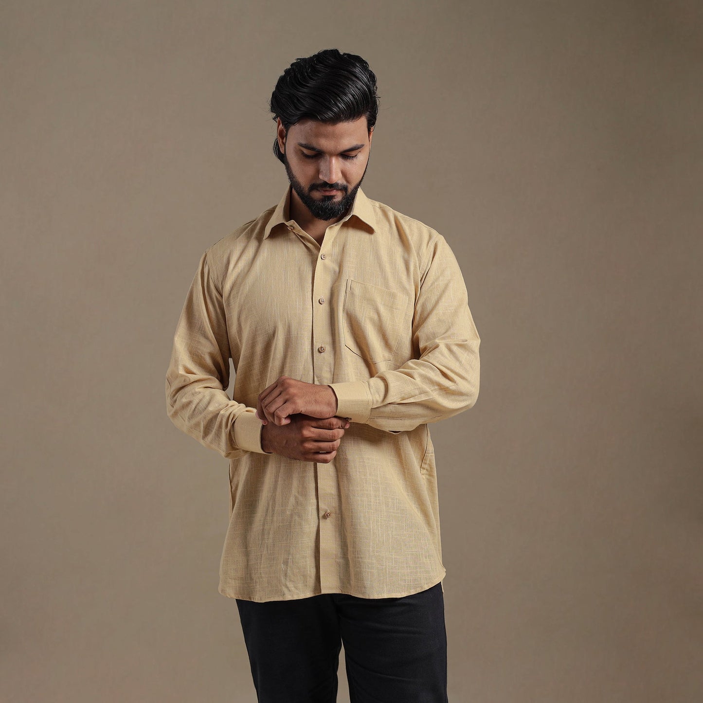 Beige Full Sleeve Slub Cotton Men Plain Shirt