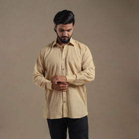 Beige Full Sleeve Slub Cotton Men Plain Shirt