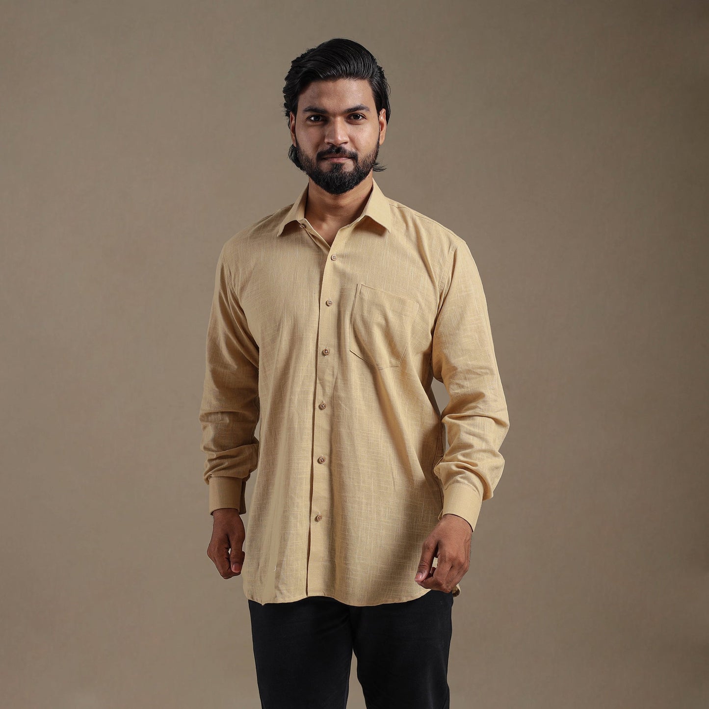 Beige Full Sleeve Slub Cotton Men Plain Shirt