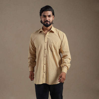 Beige Full Sleeve Slub Cotton Men Plain Shirt
