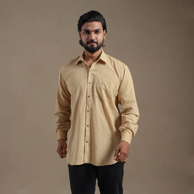 Beige Full Sleeve Slub Cotton Men Plain Shirt