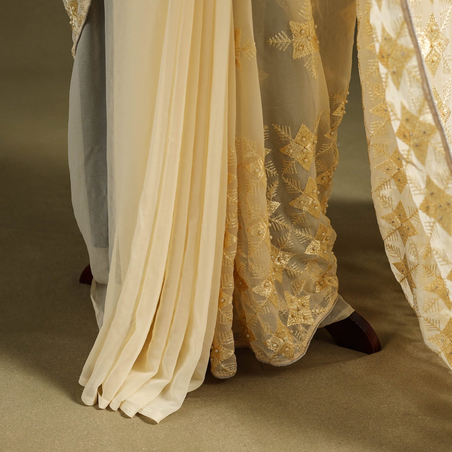 Beige - georgette embroidery phulkari saree 05 - handcrafted