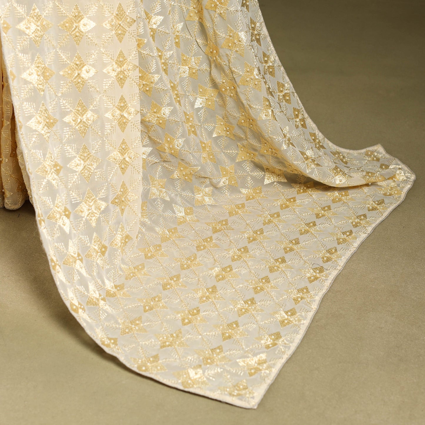 Beige - georgette embroidery phulkari saree 05 - handcrafted