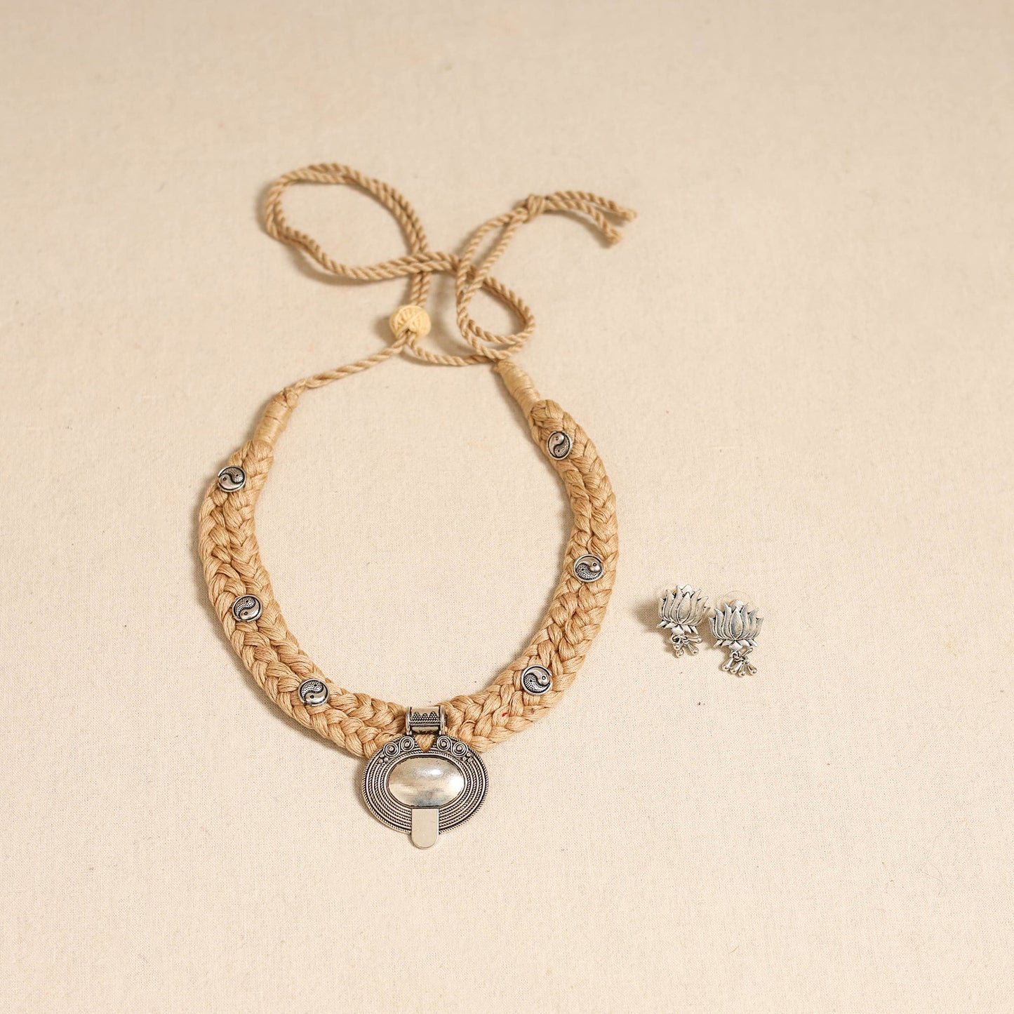 Beige - german silver thread braided necklace set 36