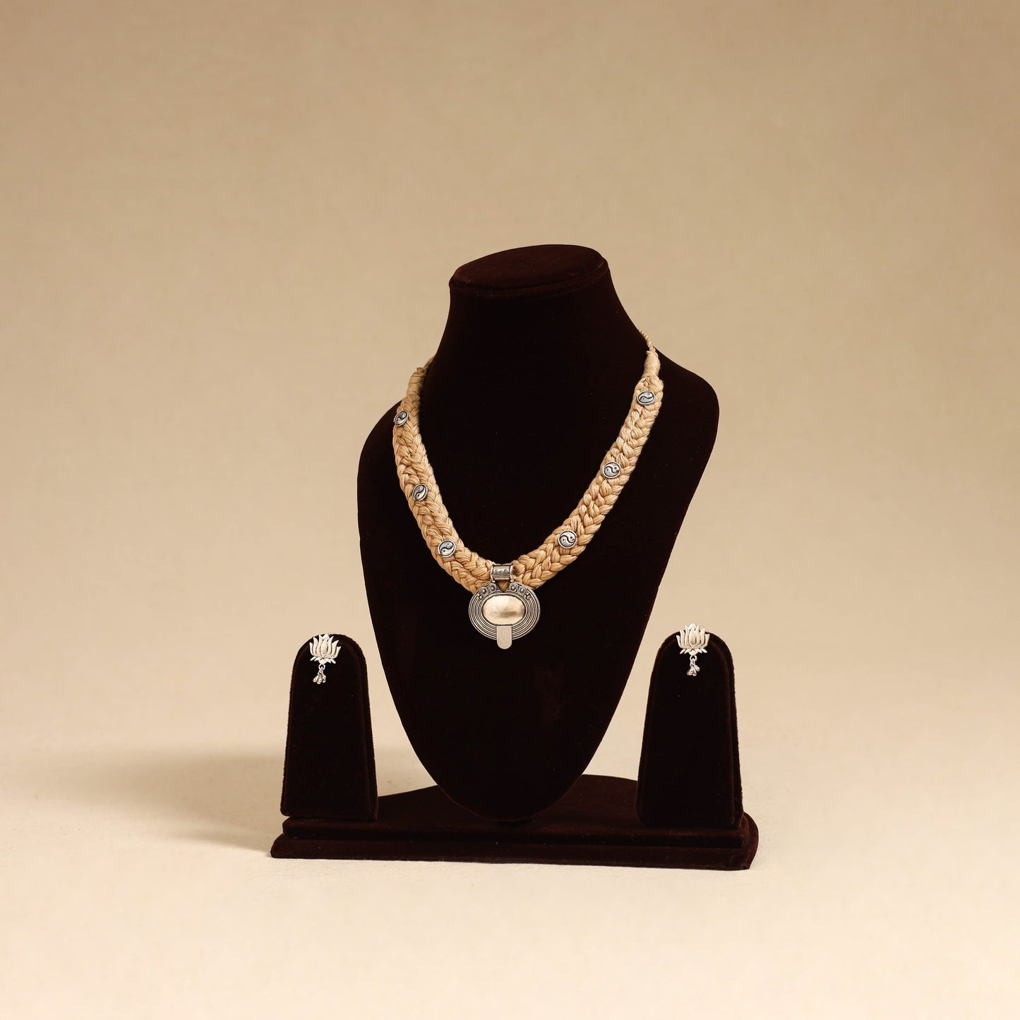 Beige - german silver thread braided necklace set 36