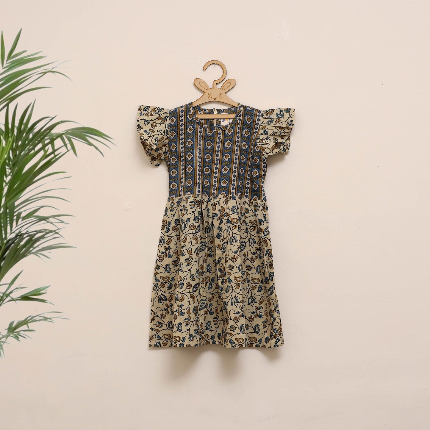 Beige - girls pure cotton ajrakh hand block print frock