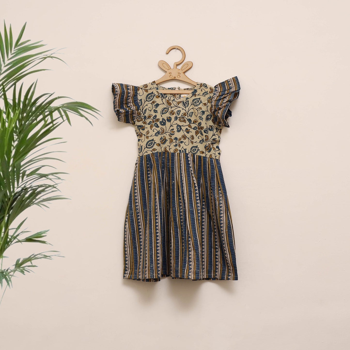 Beige - girls pure cotton ajrakh hand block print frock