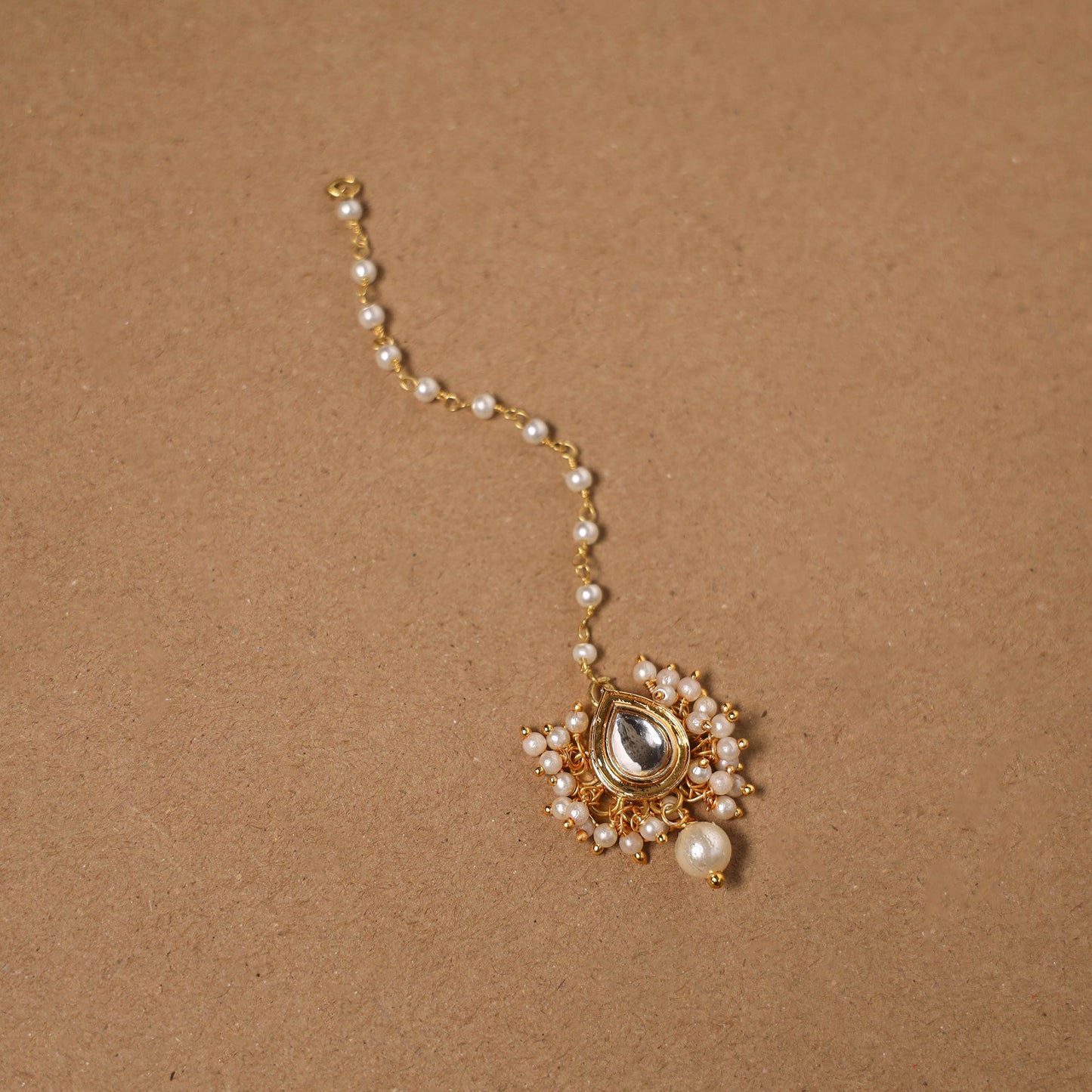 Gold-plated kundan studded & beaded maang tikka 03