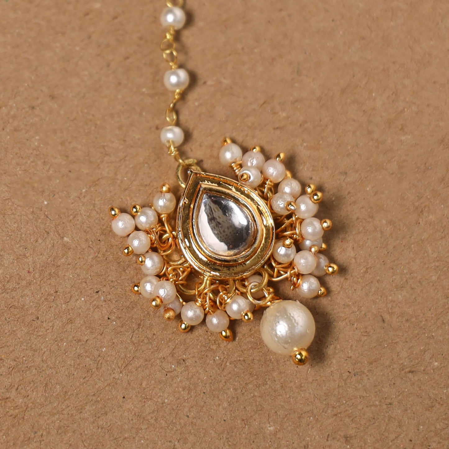 Gold-plated kundan studded & beaded maang tikka 03