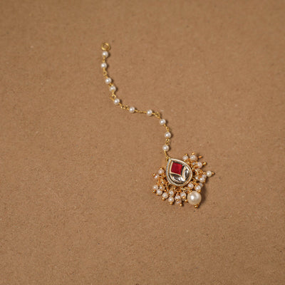 Gold-plated kundan studded & beaded maang tikka 04