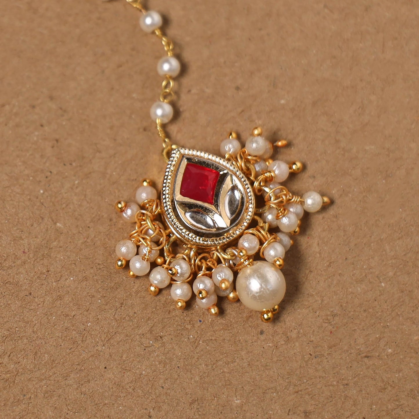 Gold-plated kundan studded & beaded maang tikka 04