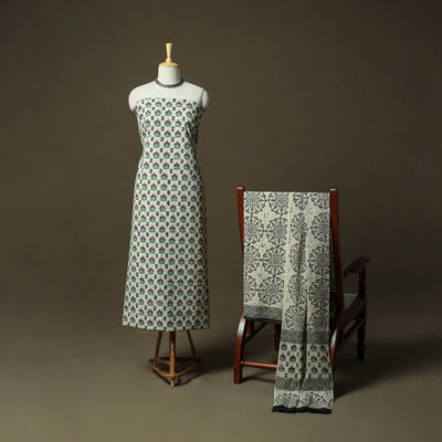Hand block bagru print cotton 3pc unstitched dress material