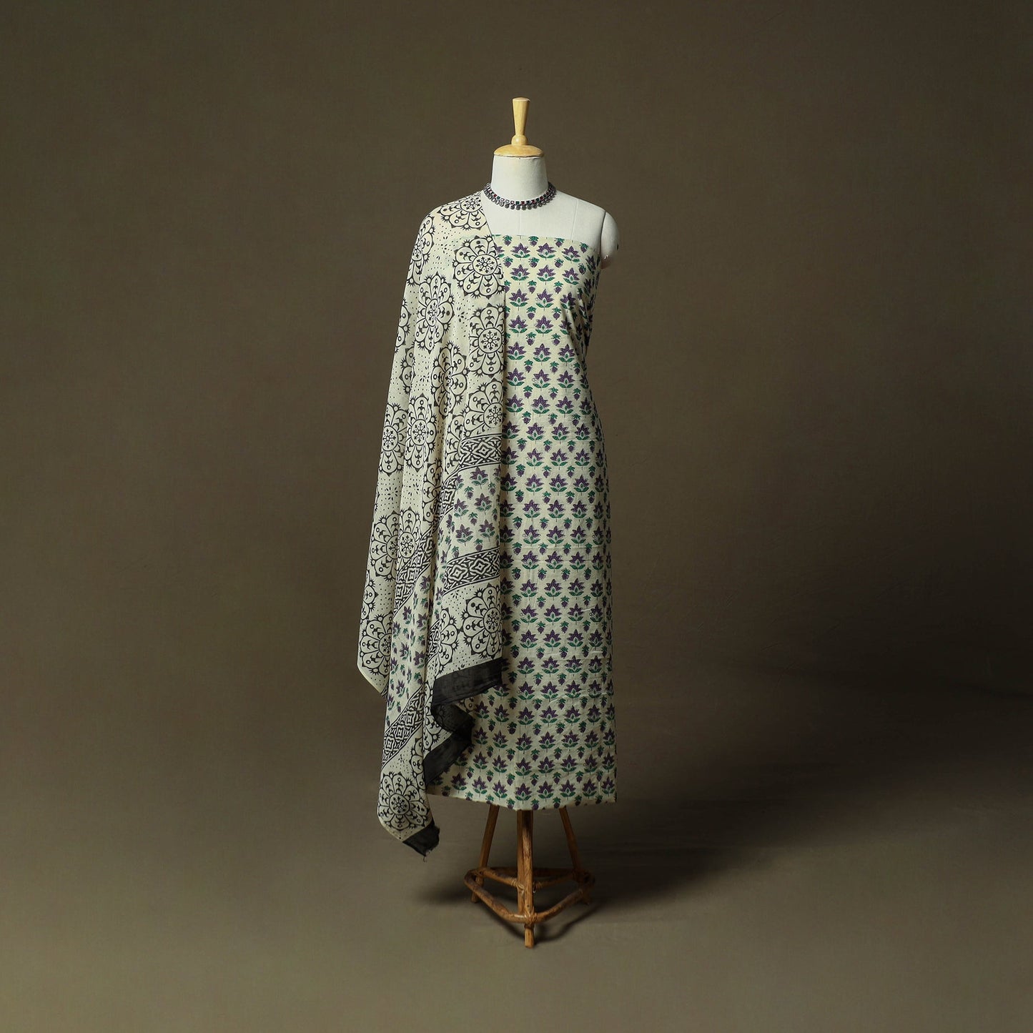 Hand block bagru print cotton 3pc unstitched dress material