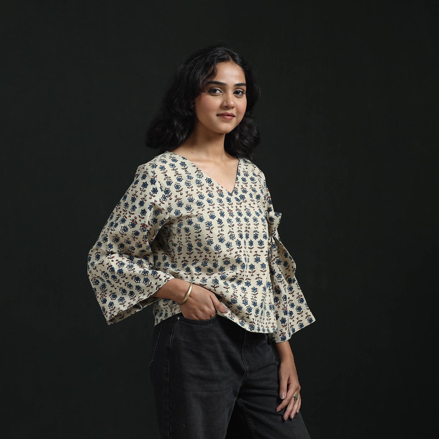 Hand block print cotton natural dyed angrakha ajrakh crop