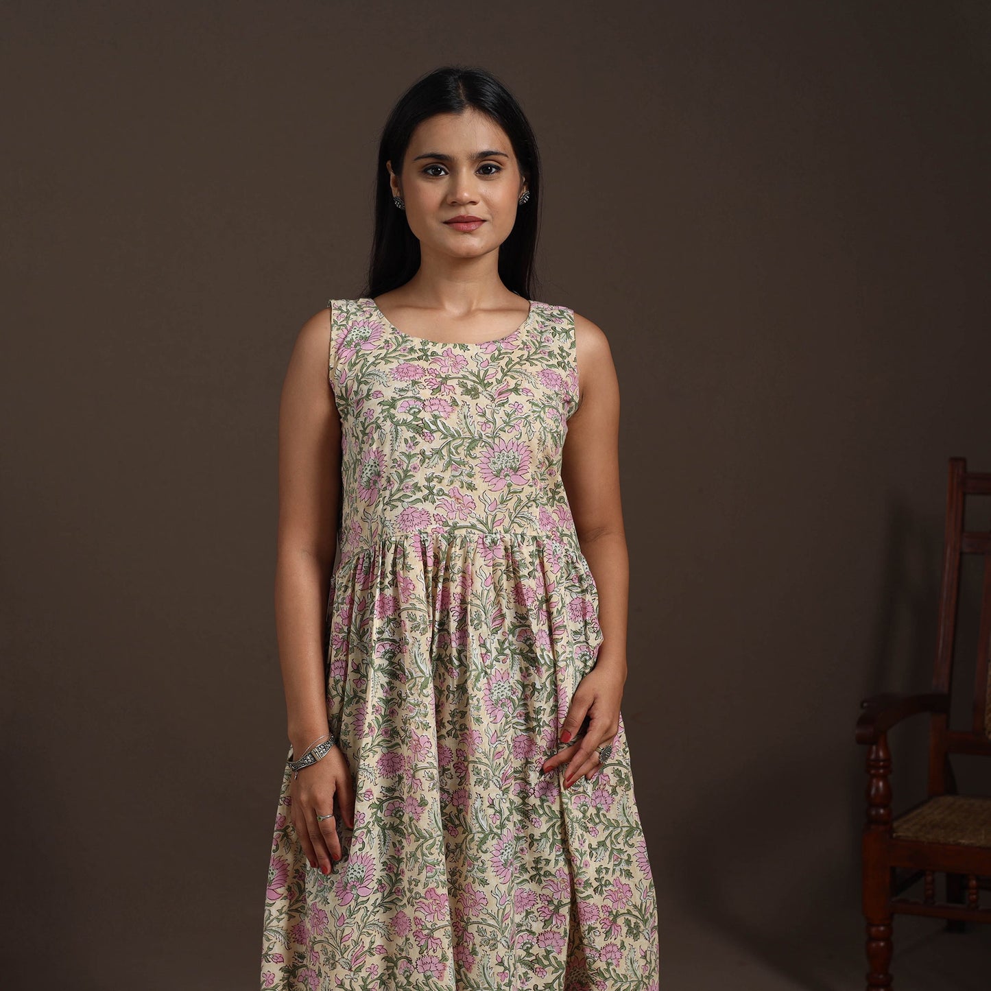 Beige - hand flared sanganeri dress 12 - handcrafted
