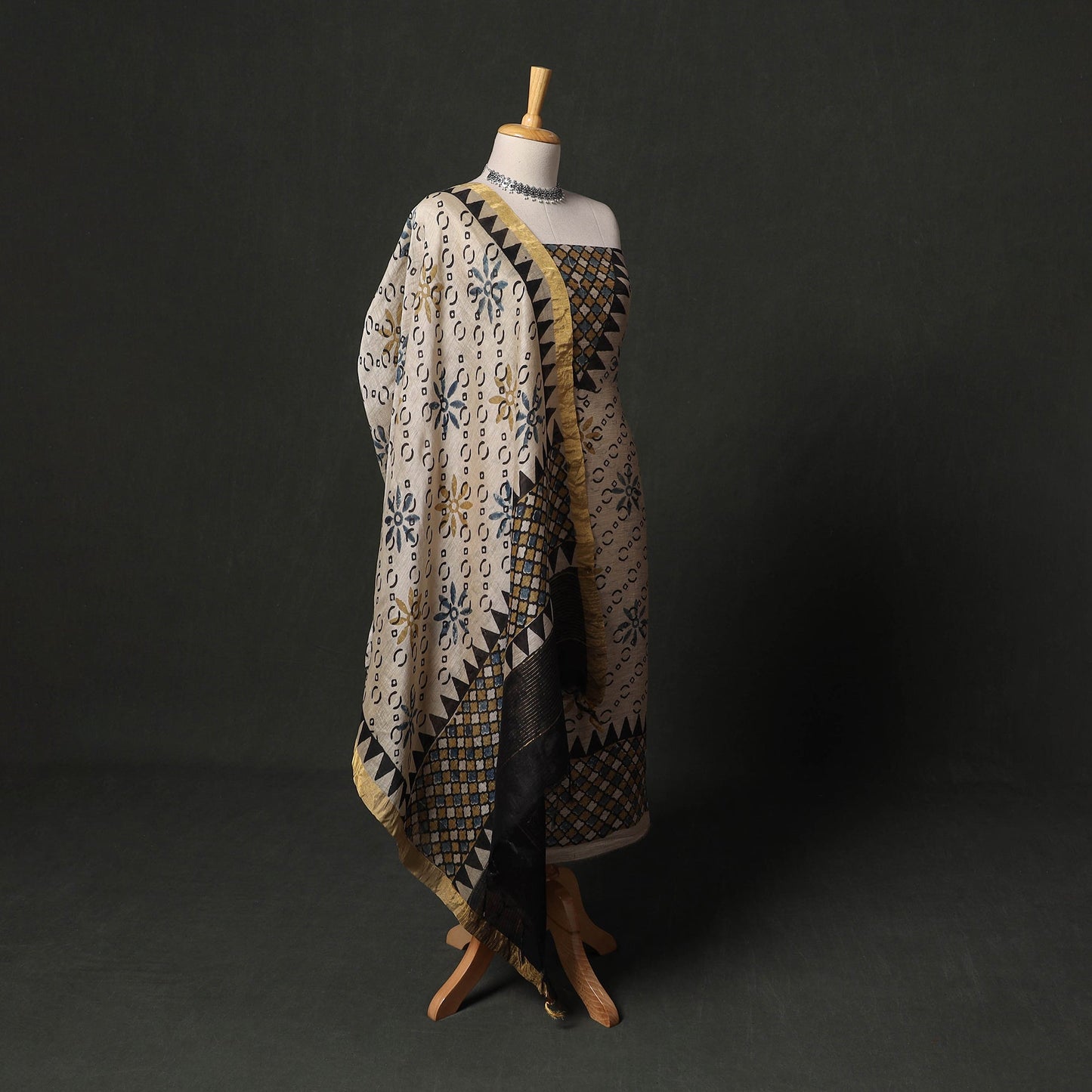 Hand block print linen silk natural dyed ajrakh 2pc