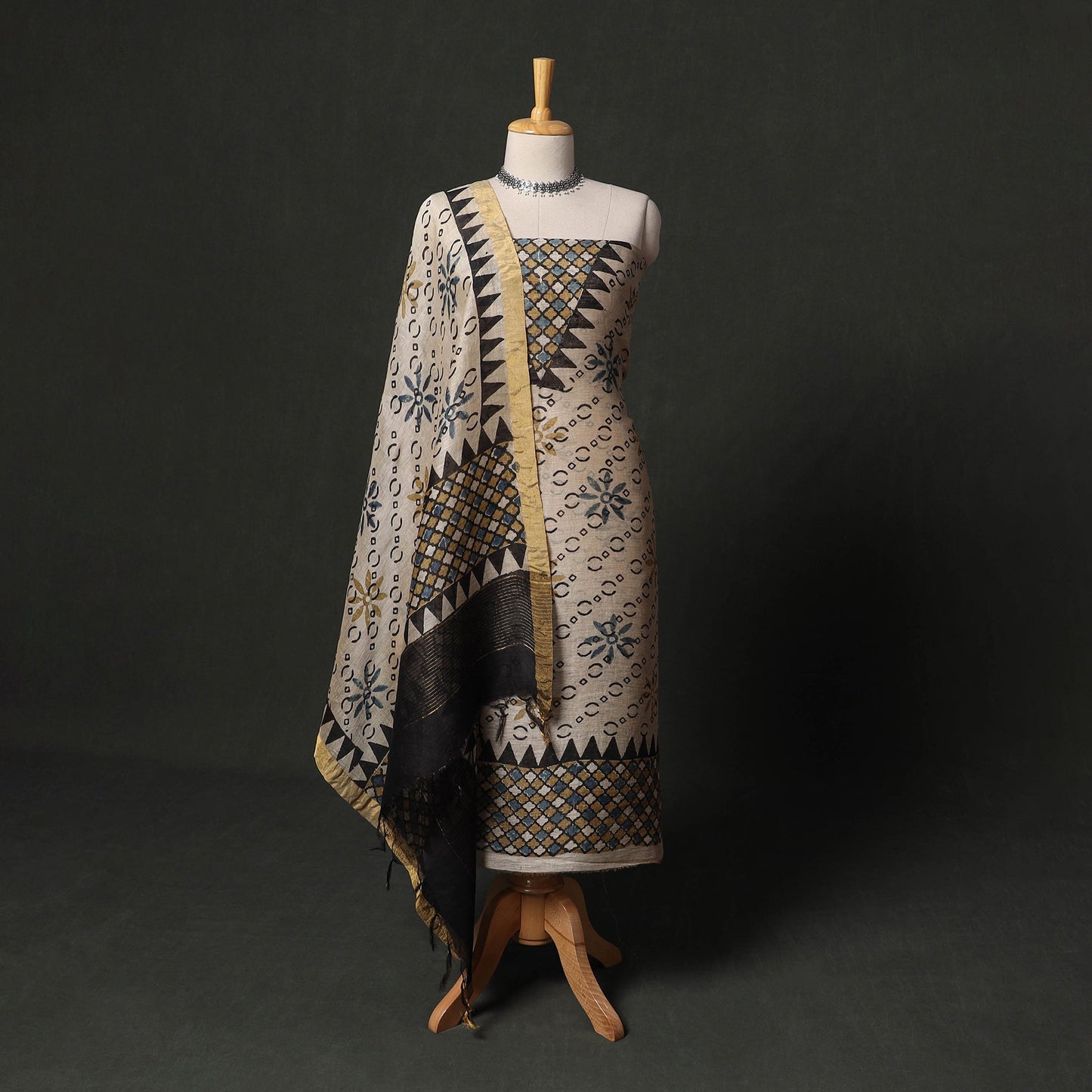Hand block print linen silk natural dyed ajrakh 2pc